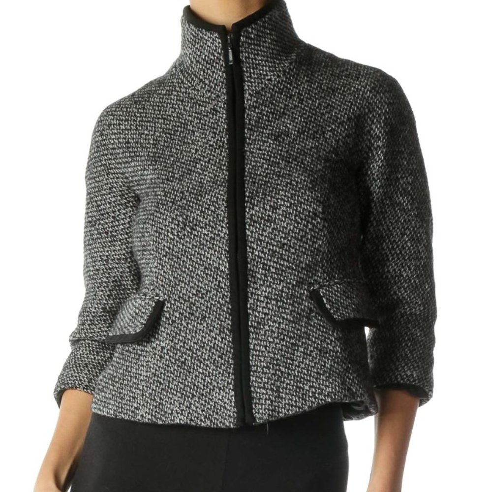 Lafayette 148 New York Tweed ¾ Sleeve Zip Up Blazer Jacket Gray Black Size 2